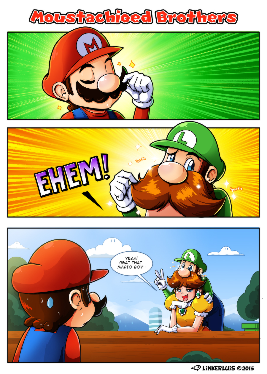 1girl 2015 2boys 3koma big_nose blue_eyes brothers brown_hair comic commentary dress english_commentary english_text eyebrows_visible_through_hair facial_hair fake_facial_hair fake_mustache fang gloves hat highres long_hair luigi luis_parada mario super_mario_bros. multiple_boys mustache nintendo overalls princess_daisy puffy_short_sleeves puffy_sleeves short_hair short_sleeves siblings smug super_mario_bros. sweatdrop v white_gloves yellow_dress