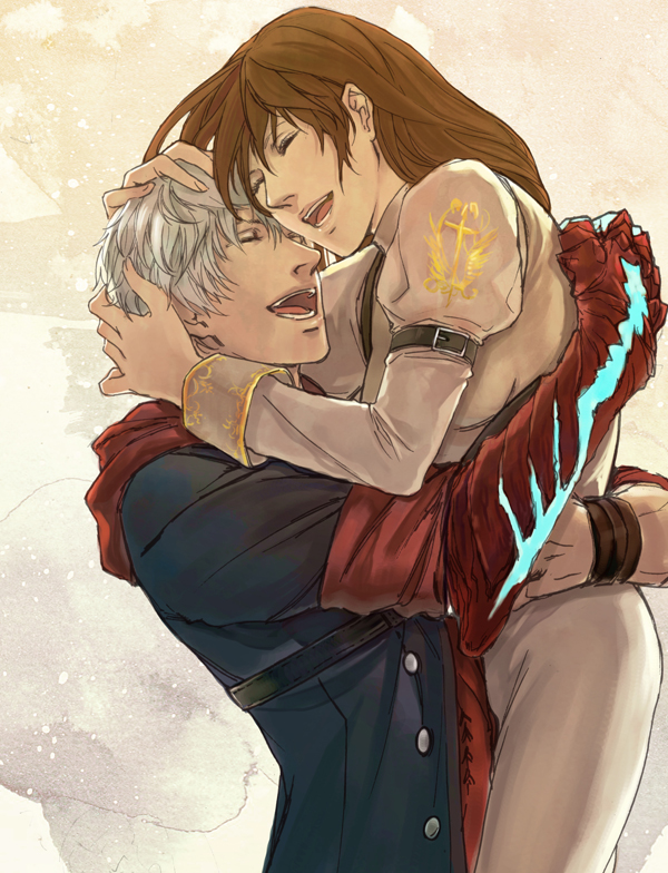 1boy 1girl belt breasts brown_hair calligraphy_brush_(medium) closed_eyes commentary_request couple devil_may_cry devil_may_cry_4 dress ewinnie graphite_(medium) hug jacket juliet_sleeves kyrie long_hair long_sleeves nero_(devil_may_cry) short_hair silver_hair smile traditional_media white_dress white_hair