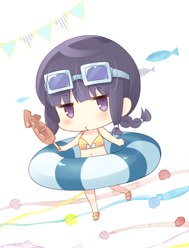 1girl bikini black_hair blush braid eyebrows_visible_through_hair food holding holding_food ikayaki innertube kantai_collection kitakami_(kantai_collection) komi_zumiko long_hair navel single_braid solo swimsuit violet_eyes yellow_bikini