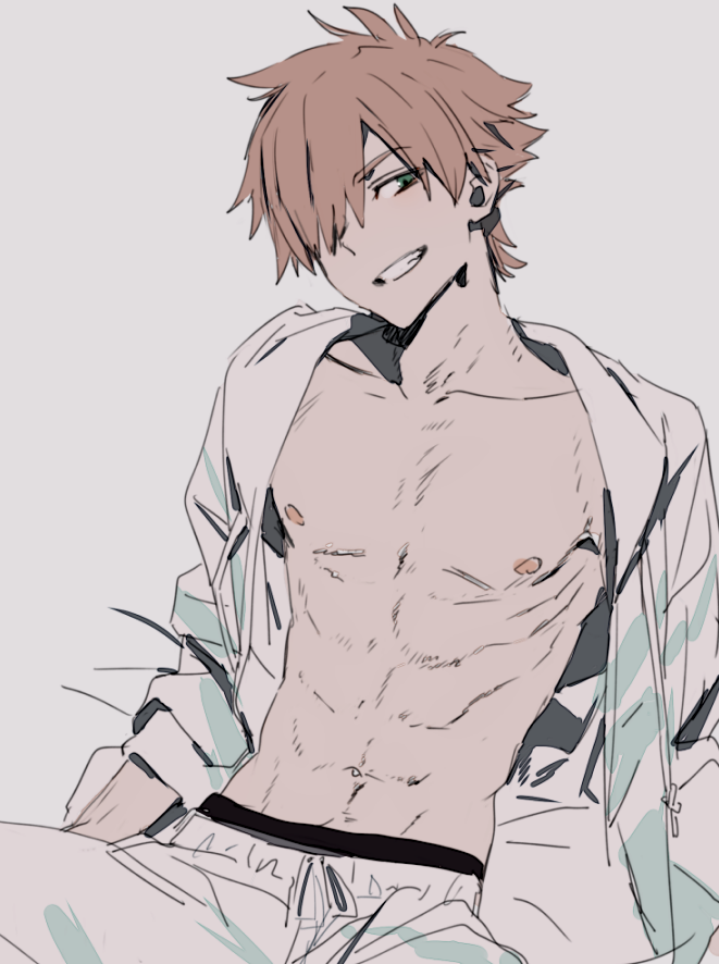 1boy copyright_request green_eyes grey_background grey_pants hair_over_one_eye head_tilt hirota_tsuu looking_at_viewer male_focus navel nipples one_eye_covered open_clothes open_shirt orange_hair pants simple_background sitting smile solo