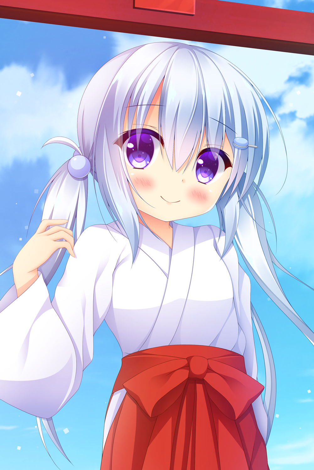 1girl bangs blue_sky blush breasts closed_mouth clouds cloudy_sky commentary_request day eyebrows_visible_through_hair food_themed_hair_ornament hair_between_eyes hair_bobbles hair_ornament hairclip hakama hand_up highres japanese_clothes kimono long_hair long_sleeves low_twintails macaron_hair_ornament miko original outdoors red_hakama short_kimono sidelocks silver_hair sky small_breasts smile solo twintails very_long_hair violet_eyes white_kimono wide_sleeves yukatama
