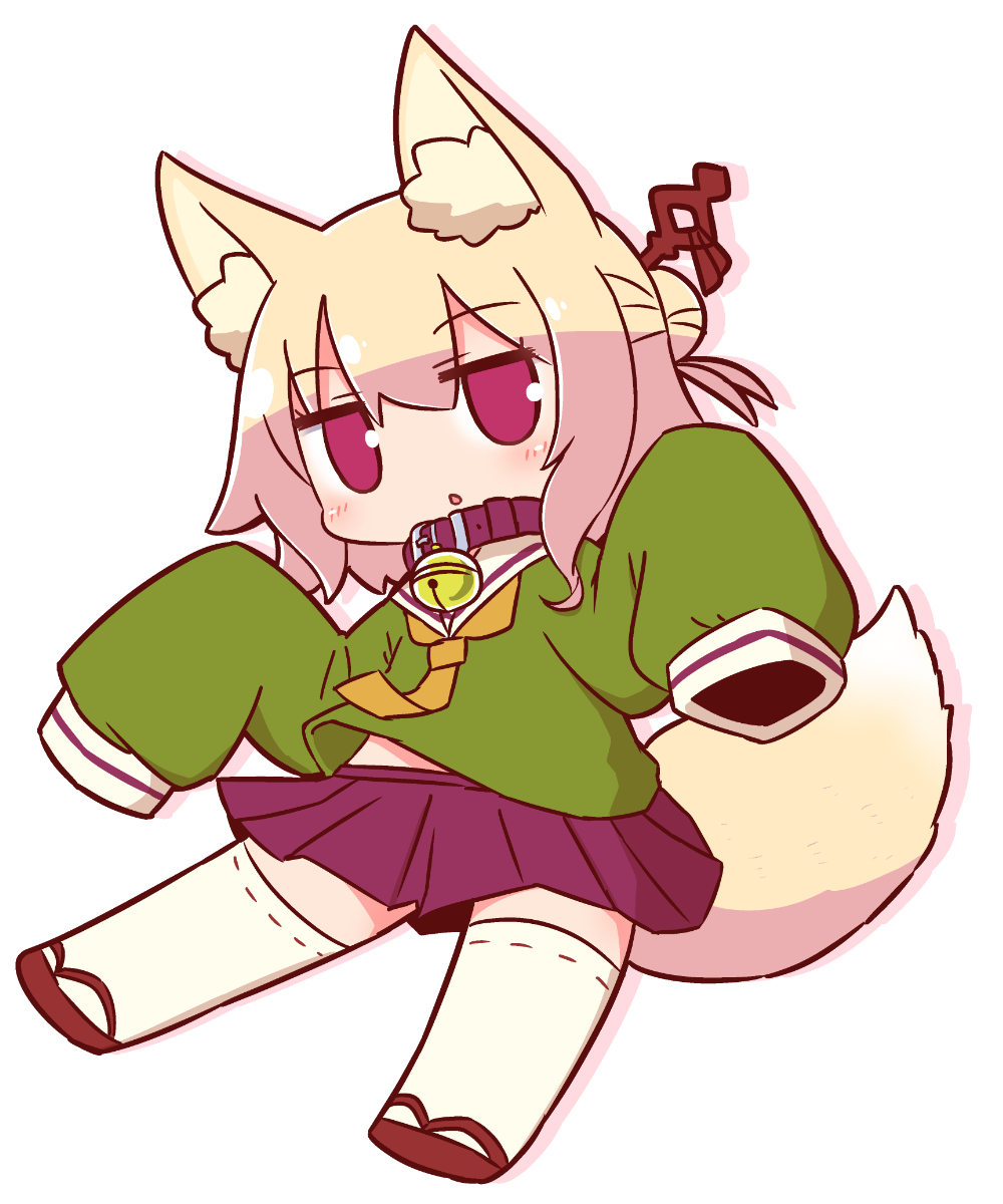 1girl animal_ear_fluff animal_ears bangs bell bell_collar blonde_hair blush brown_collar brown_footwear collar drop_shadow eyebrows_visible_through_hair fox_ears fox_girl fox_tail full_body green_shirt hair_between_eyes hair_bun hair_ornament highres jingle_bell kemomimi-chan_(naga_u) long_hair long_sleeves looking_at_viewer naga_u orange_neckwear original parted_lips pleated_skirt purple_skirt ribbon-trimmed_legwear ribbon_trim shirt sidelocks skirt sleeves_past_fingers sleeves_past_wrists solo tail white_background white_legwear