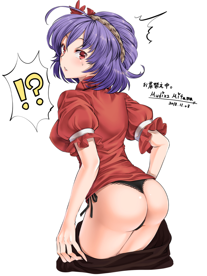 !? 1girl artist_name ass black_panties dated from_behind hair_ornament hair_up leaf_hair_ornament looking_at_viewer looking_back mudix2 panties puffy_short_sleeves puffy_sleeves pulled_by_self purple_hair red_eyes red_shirt rope shirt short_hair short_sleeves side-tie_panties skirt skirt_pull solo spoken_interrobang sweatdrop thong touhou underwear yasaka_kanako