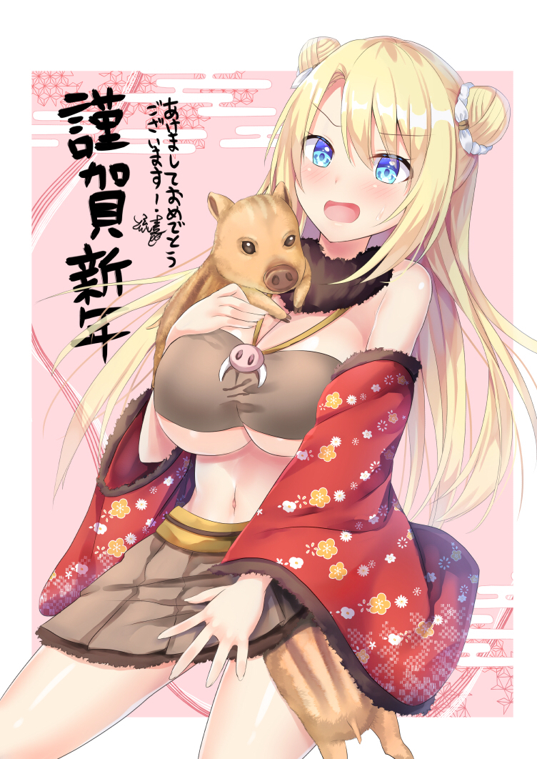 1girl animal bangs bare_shoulders blonde_hair blue_eyes blush breasts brown_skirt chinese_zodiac cleavage commentary_request double_bun egasumi eyebrows_visible_through_hair fingernails fur-trimmed_sleeves fur_collar fur_trim hair_between_eyes large_breasts long_hair long_sleeves nagare_yoshimi navel open_mouth original pig pleated_skirt side_bun skirt solo translated very_long_hair wide_sleeves year_of_the_pig