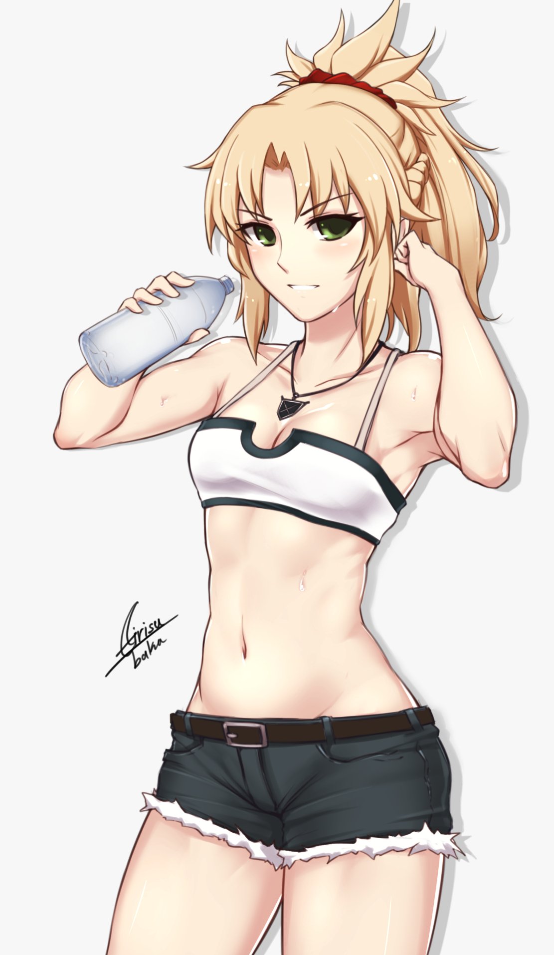 1girl airisubaka bandeau belt belt_buckle blonde_hair blush bottle braid breasts buckle cleavage denim denim_shorts fate/apocrypha fate_(series) french_braid green_eyes grey_background hair_ornament hair_scrunchie hand_in_hair highres holding holding_bottle jewelry looking_at_viewer medium_breasts mordred_(fate) mordred_(fate)_(all) navel parted_lips pendant ponytail red_scrunchie scrunchie shorts signature simple_background smile solo stomach sweat thighs toned water_bottle