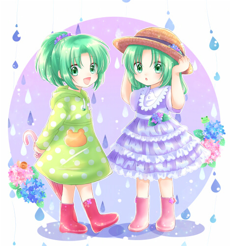 2girls :d boots child closed_umbrella dress flower frog green_eyes green_hair hat higurashi_no_naku_koro_ni hydrangea lowres maekawa_suu multiple_girls open_mouth ponytail rain raincoat rubber_boots siblings sisters smile sonozaki_mion sonozaki_shion twins umbrella younger