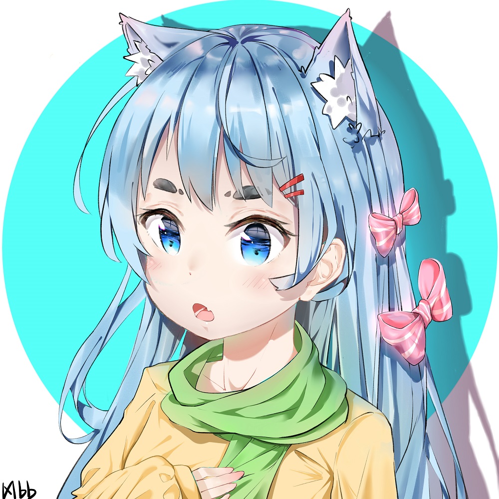 1girl :o animal_ear_fluff animal_ears arm_up artist_name bangs blue_eyes blue_hair blush bow cat_ears chestnut_mouth chinese_commentary commentary_request fang green_scarf hair_ornament hairclip hand_on_own_chest hbb long_hair looking_at_viewer open_mouth original pink_hair scarf shiny shiny_hair shirt solo striped striped_bow thick_eyebrows tongue very_long_hair white_stripes yellow_shirt