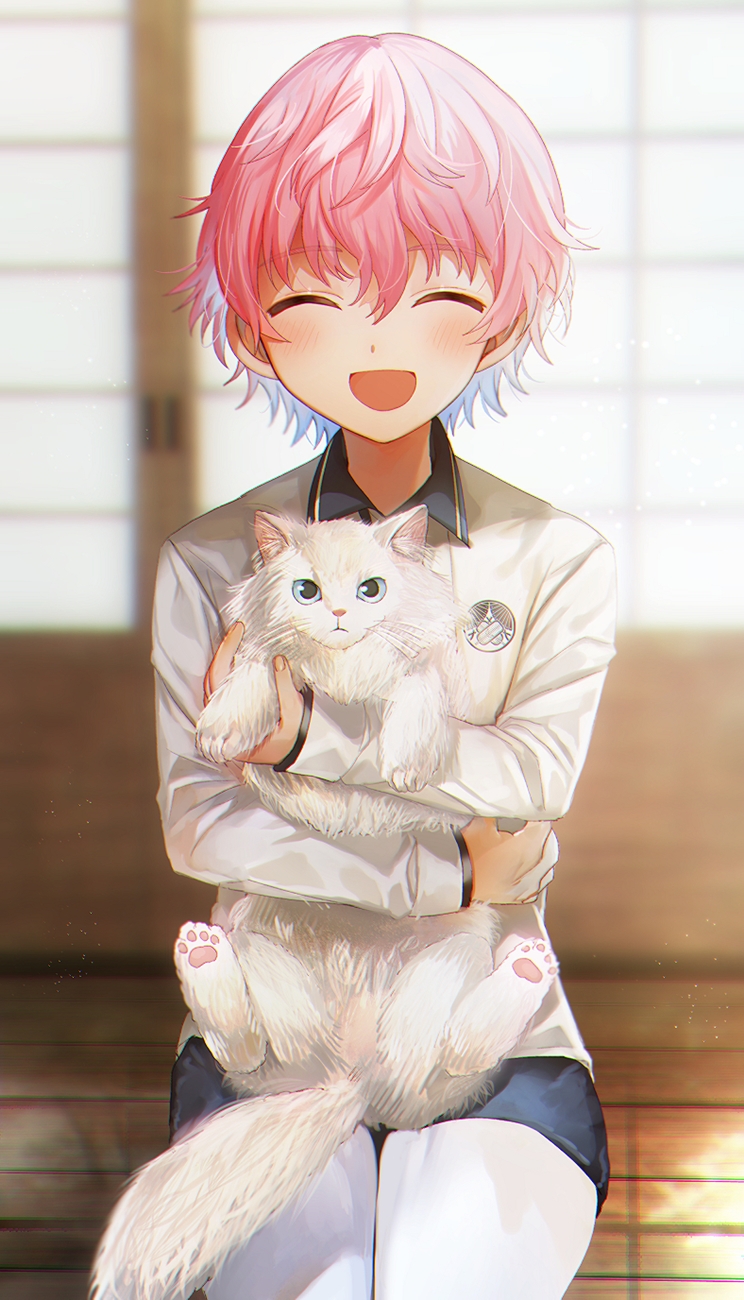 1boy ^_^ abandon_ranka akita_toushirou blurry blurry_background cat closed_eyes closed_eyes highres legwear_under_shorts male_focus open_mouth pantyhose pink_hair shorts sliding_doors smile touken_ranbu white_cat white_legwear