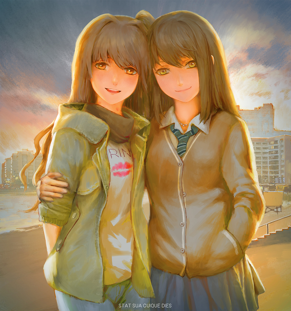 2girls aqua_neckwear bangs beach blue_pants blue_skirt brown_eyes brown_hair brown_jacket building buttons character_request closed_mouth collared_shirt commentary_request diagonal_stripes evening green_jacket hand_in_pocket holding_another's_arm idolmaster jacket language_request lipstick_mark long_hair long_sleeves looking_at_viewer multiple_girls necktie open_mouth outdoors pants pleated_skirt railing scarf school_uniform shibuya_rin shimamura_uzuki shirt skirt smile stairs standing striped striped_neckwear sunlight t-shirt white_shirt wing_collar xpjt3275 yellow_eyes yuri