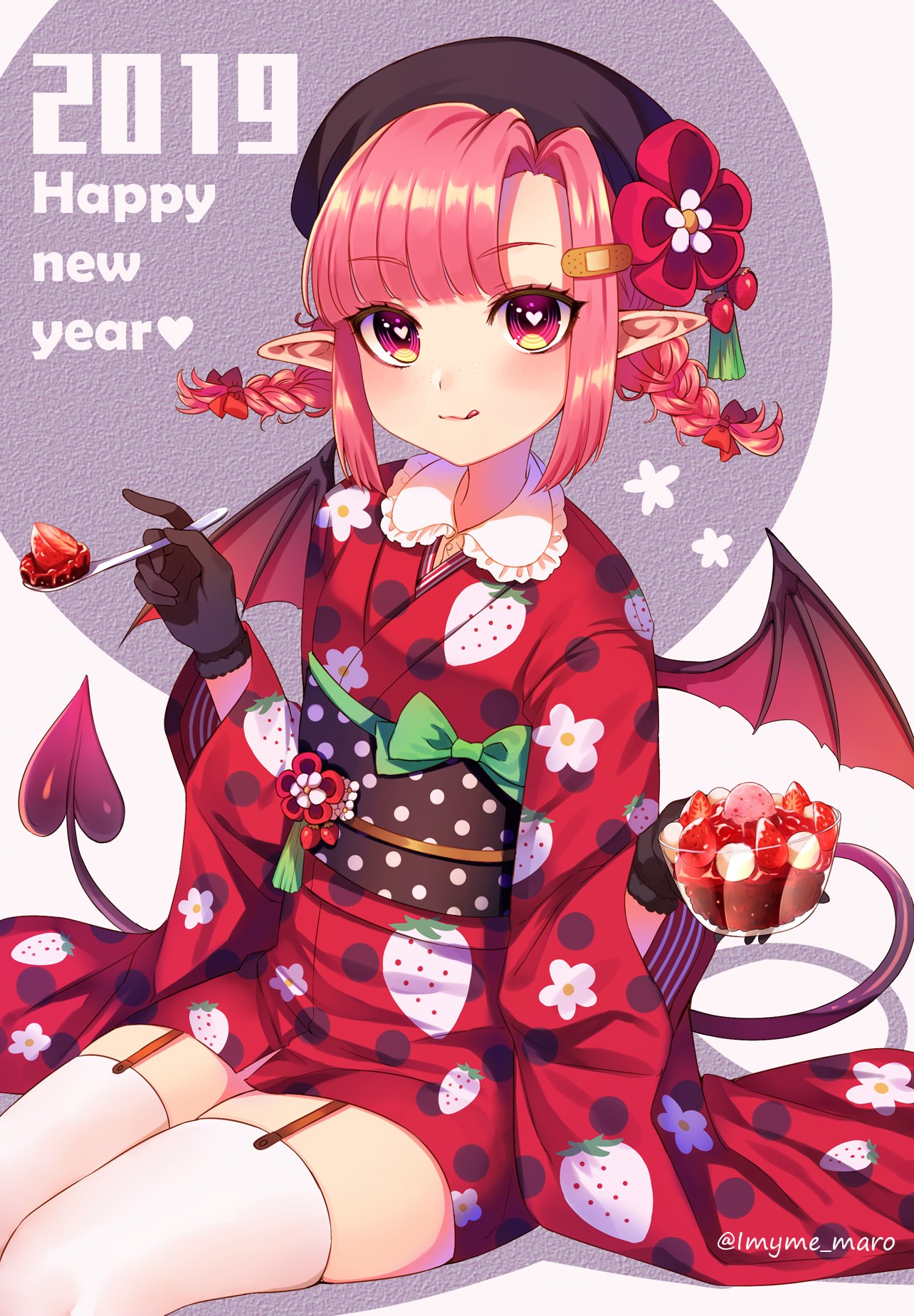 1girl 2019 :q bandaid_hair_ornament bat_wings black_gloves black_hat blush bow braid demon_tail eyebrows_visible_through_hair food fruit garter_straps gloves hair_bow hair_ornament happy_new_year hat heart heart-shaped_pupils highres holding holding_spoon japanese_clothes kimono looking_at_viewer marota mary_(marota) new_year obi original pink_eyes pink_hair pointy_ears red_bow red_kimono sash short_hair sitting sleeves_past_wrists solo spoon strawberry symbol-shaped_pupils tail thigh-highs tongue tongue_out twin_braids twitter_username white_legwear wings