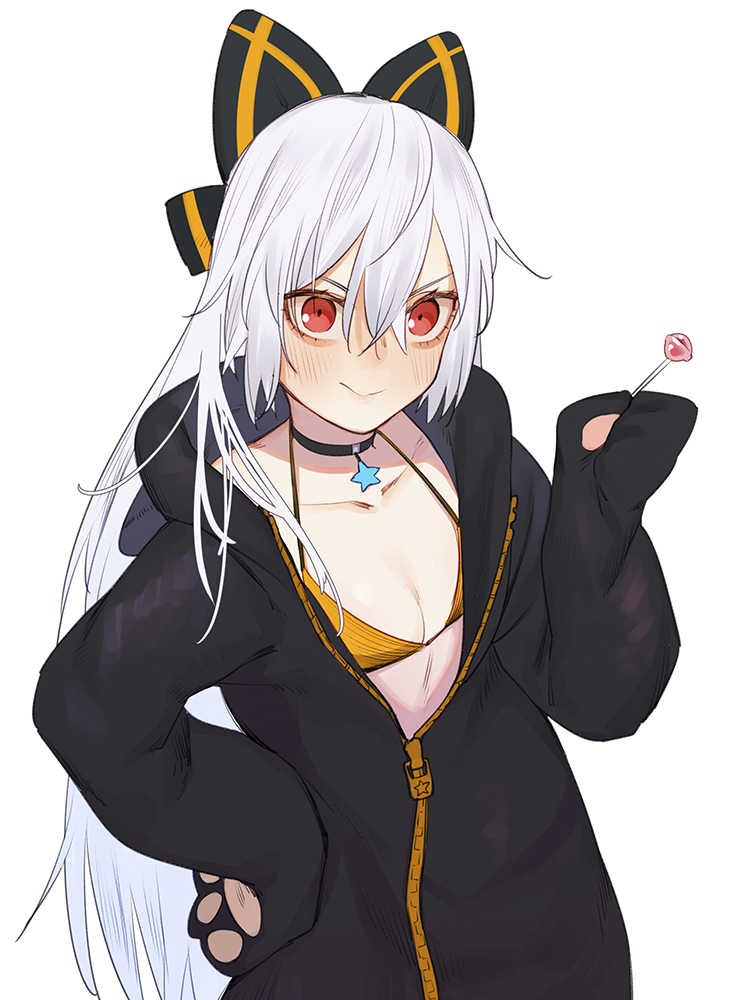 1girl animal_hood black_choker blush bow breasts candy choker collarbone food girls_frontline hair_between_eyes hair_bow hand_on_hip hood juz lollipop long_hair looking_at_viewer orange_bikini_top ponytail red_eyes simple_background small_breasts solo star star_choker tagme tokarev_(girls_frontline) unzipped very_long_hair white_background white_hair zipper_pull_tab