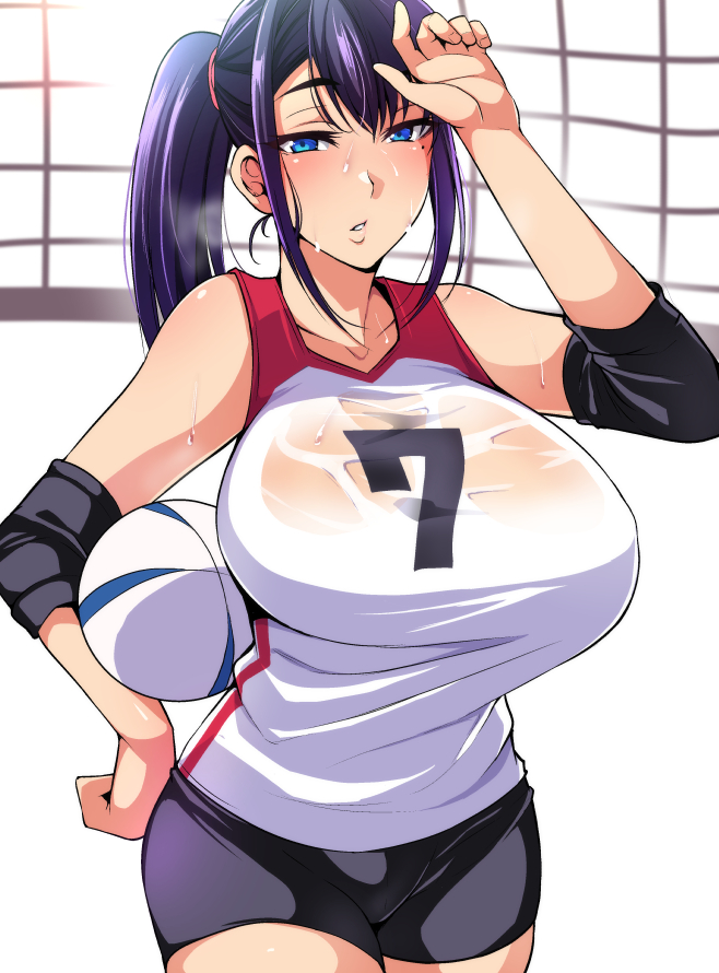 1girl bare_shoulders blue_eyes breasts hand_on_hip large_breasts long_hair looking_at_viewer glasses_man mole mole_under_eye parted_lips ponytail purple_hair see-through shin_guards solo sportswear sweat volleyball volleyball_net volleyball_uniform