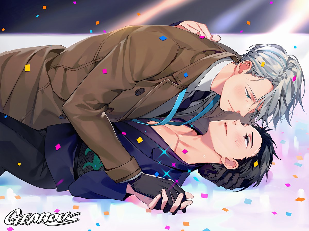 2boys artist_name black_gloves black_hair blue_eyes blush brown_coat brown_eyes coat confetti fingernails gearous gloves grey_hair hair_slicked_back half-closed_eyes hands_together ice interlocked_fingers katsuki_yuuri looking_at_another looking_down looking_up lying male_focus multiple_boys necktie shirt short_hair sparkle spotlight sweat sweatdrop upper_body viktor_nikiforov white_shirt yuri!!!_on_ice