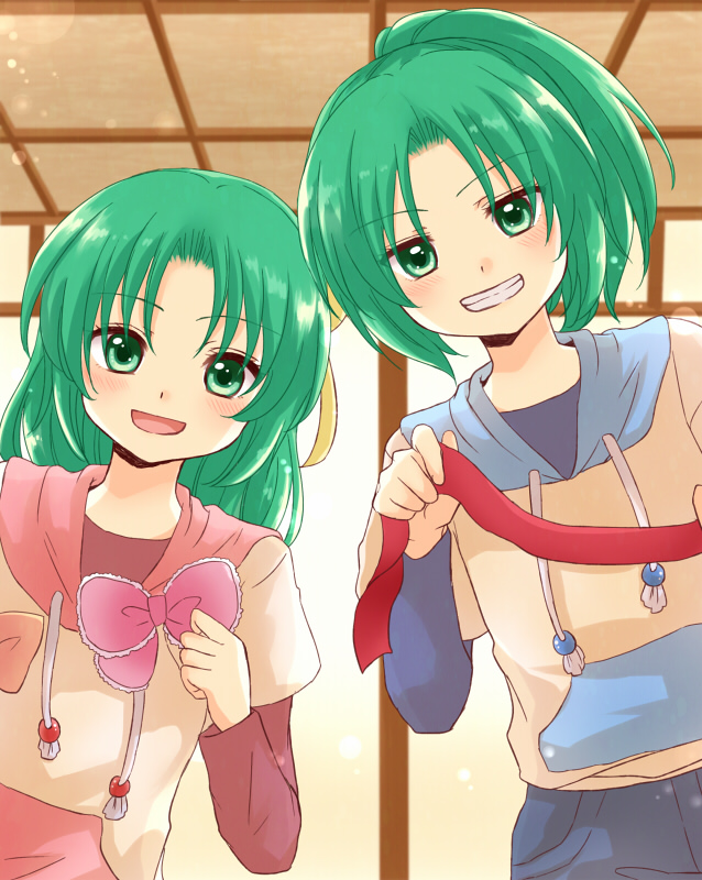 2girls bow child green_eyes green_hair grin hair_bow hair_ribbon higurashi_no_naku_koro_ni hood hoodie maekawa_suu multiple_girls open_mouth ponytail ribbon siblings sisters smile sonozaki_mion sonozaki_shion twins younger