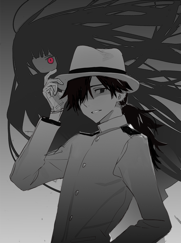 1boy 1girl fate/grand_order fate_(series) floating gradient gradient_background grey_background greyscale hair_over_one_eye hand_on_headwear hand_up hat hirota_tsuu jacket long_hair long_sleeves looking_at_viewer monochrome one_eye_covered oryou_(fate) ponytail red_eyes sakamoto_ryouma_(fate) smile spot_color