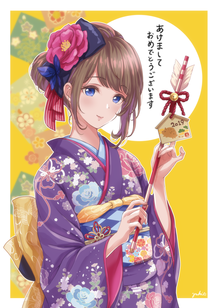 1girl argyle arrow back_bow bangs bell black_bow blurry blurry_background blush boat bow brown_hair bug butterfly closed_mouth commentary_request ema eyebrows_visible_through_hair floral_print flower hair_bow hair_bun hair_flower hair_ornament hamaya holding_arrow insect japanese_clothes jingle_bell kimono lips long_sleeves looking_at_viewer nengajou new_year obi original print_kimono purple_kimono red_flower sash short_hair smile solo translated upper_body watercraft wide_sleeves yuuki_(yukinko-02727)