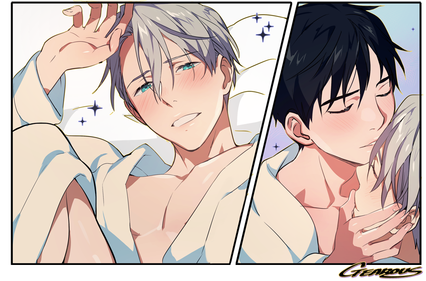 2boys artist_name black_hair blue_eyes blush close-up closed_eyes comic commentary_request eyebrows_visible_through_hair face fingernails forehead_kiss gearous grey_hair happy katsuki_yuuri kiss looking_at_viewer male_focus mixed-language_commentary multiple_boys panels profile short_hair silent_comic smile sparkle teeth upper_body viktor_nikiforov yaoi yuri!!!_on_ice