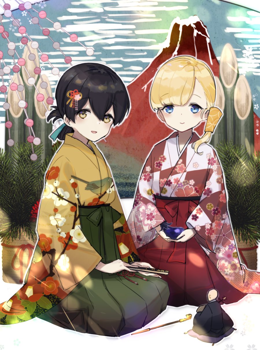 1boy 2girls bamboo bangs black_hair blonde_hair blue_eyes blue_ribbon blunt_bangs brown_eyes checkered checkered_kimono closed_fan commentary_request eggplant eyebrows_visible_through_hair fan floral_print folded_ponytail folding_fan full_body giantess green_hakama green_kimono hair_ornament hair_ribbon hakama highres japanese_clothes kantai_collection kasuga_maru_(kantai_collection) kimono kotoyoro long_hair mount_fuji multiple_girls new_year pipe red_hakama ribbon seiza shin'you_(kantai_collection) side_ponytail sitting swept_bangs taiyou_(kantai_collection) volcano yamashiki_(orca_buteo)