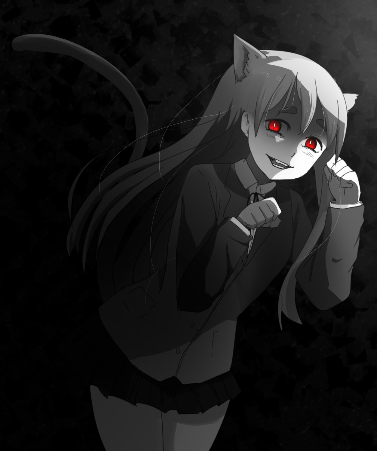 1girl animal_ears black_background cat_ears commentary english_commentary evil_smile eyebrows gesugao glowing glowing_eyes grey_background highres k-on! kotobuki_tsumugi long_hair looking_at_viewer monochrome pantsu_shot patterned_background paw_pose pleated_skirt red red_eyes sakuragaoka_high_school_uniform school_uniform simple_background skirt smile solo spot_color tail upper_body