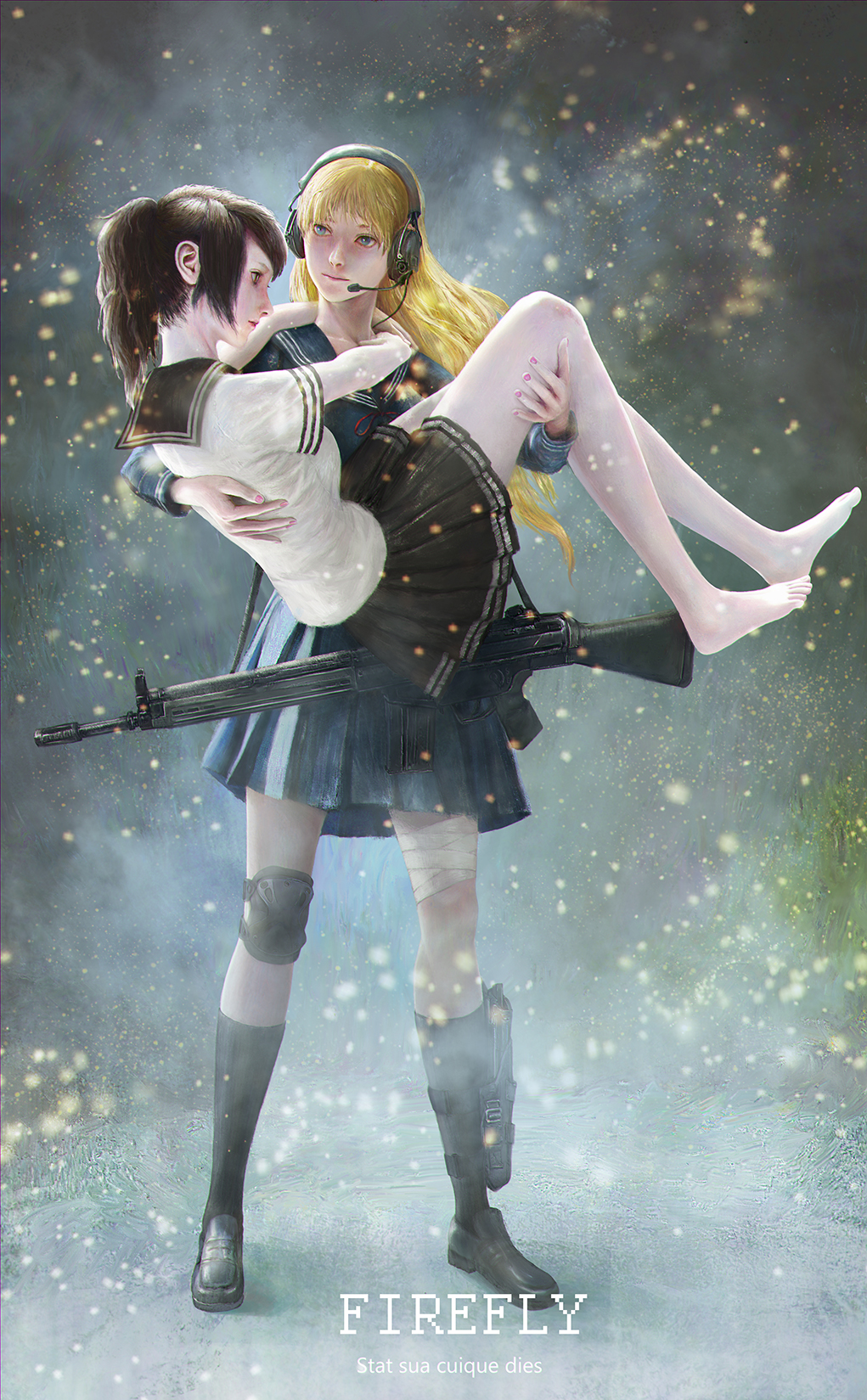 2girls arms_around_neck arms_up barefoot black_footwear black_hair black_legwear black_sailor_collar black_skirt blonde_hair blue_sailor_collar carrying closed_mouth commentary full_body gun headset highres kneehighs language_request leg_holster lips loafers long_hair long_sleeves looking_at_another multiple_girls nail_polish neck_ribbon nose original pink_nails pleated_skirt ponytail princess_carry profile red_neckwear red_ribbon ribbon rifle sailor_collar school_uniform serafuku shirt shoes skirt weapon white_shirt xpjt3275