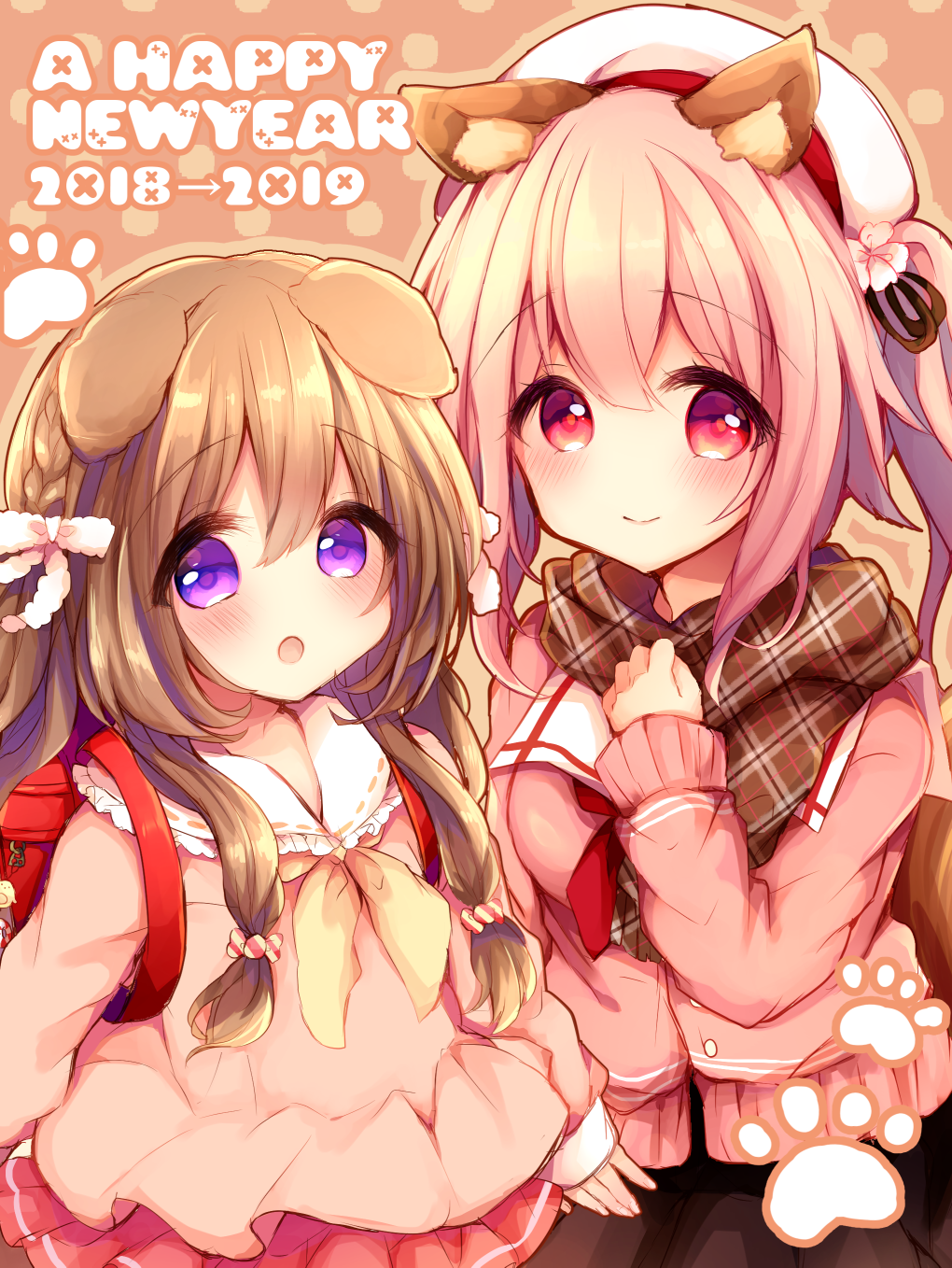 1girl 2girls animal_ears azur_lane beret blush brown_hair closed_mouth dated dog_ears eyebrows_visible_through_hair fake_animal_ears flower fumizuki_(azur_lane) hair_between_eyes hair_flower hair_ornament hair_ribbon happy_new_year haru_ichigo harusame_(kantai_collection) hat highres kantai_collection long_hair looking_at_viewer multiple_girls neckerchief new_year open_mouth pink_eyes pink_hair pink_shirt pink_skirt red_eyes remodel_(kantai_collection) ribbon scarf school_uniform serafuku shirt side_ponytail skirt violet_eyes