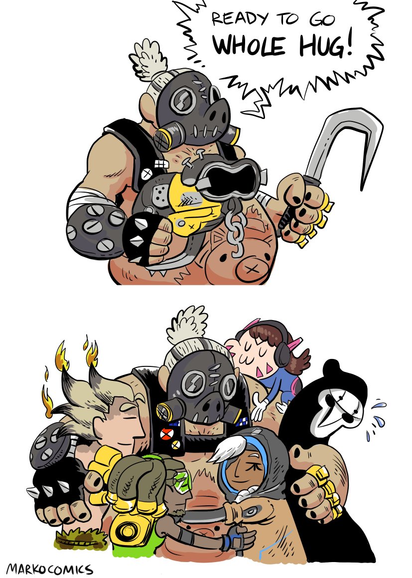 ana_(overwatch) burning_hair_ties chinese_zodiac closed_eyes d.va_(gremlin) d.va_(overwatch) english_text fingerless_gloves gas_mask gloves group_hug happy_new_year headphones hook hug jewelry junkrat_(overwatch) lucio_(overwatch) markraas new_year overwatch reaper_(overwatch) ring roadhog_(overwatch) speech_bubble year_of_the_pig