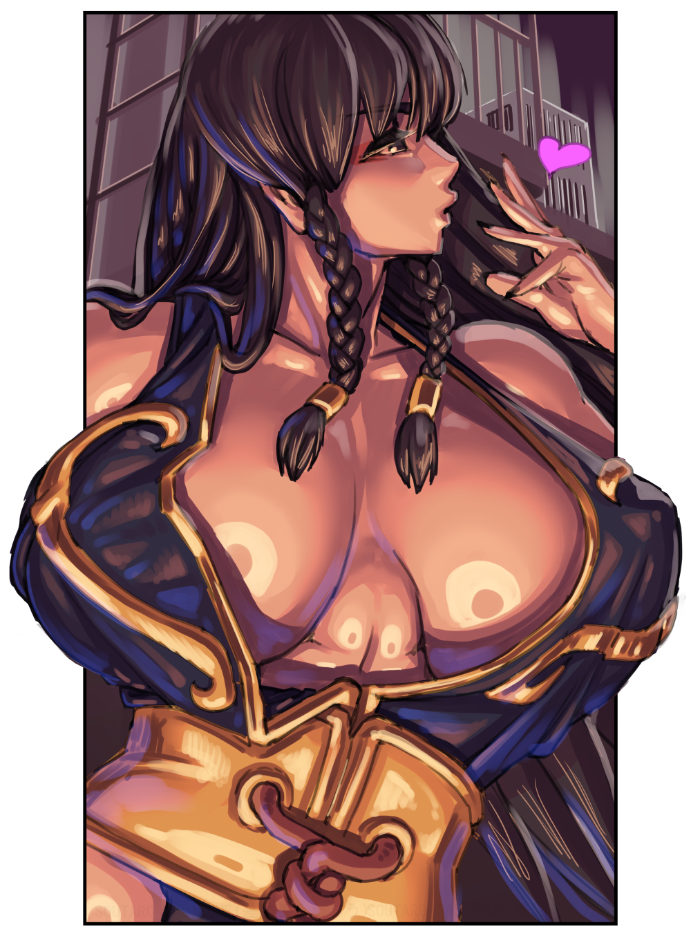 1girl alternate_costume bangs bare_shoulders black_dress black_nails blown_kiss braid breasts brown_eyes brown_hair capcom chun-li cleavage commentary_request covered_nipples dress halterneck heart highres huge_breasts long_hair mature nail_polish parted_lips pelvic_curtain revealing_clothes stairs street_fighter twin_braids ueno_petarou