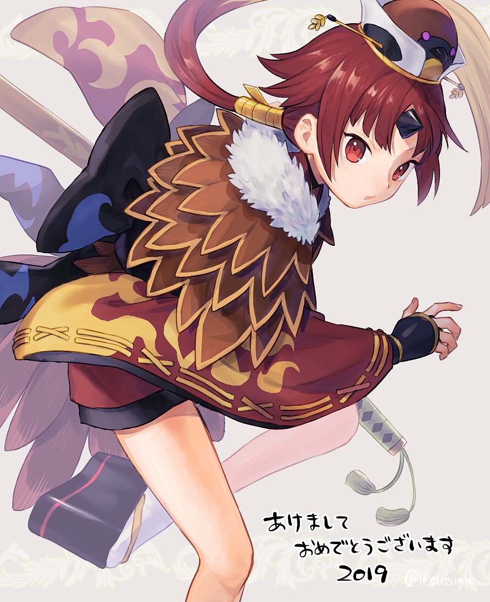 1girl benienma_(fate/grand_order) bird_hat bridal_gauntlets brown_eyes brown_hair fate/grand_order fate_(series) feathers highres katana leg_up low_ponytail platform_footwear somemiya_suzume sword weapon wide_sleeves