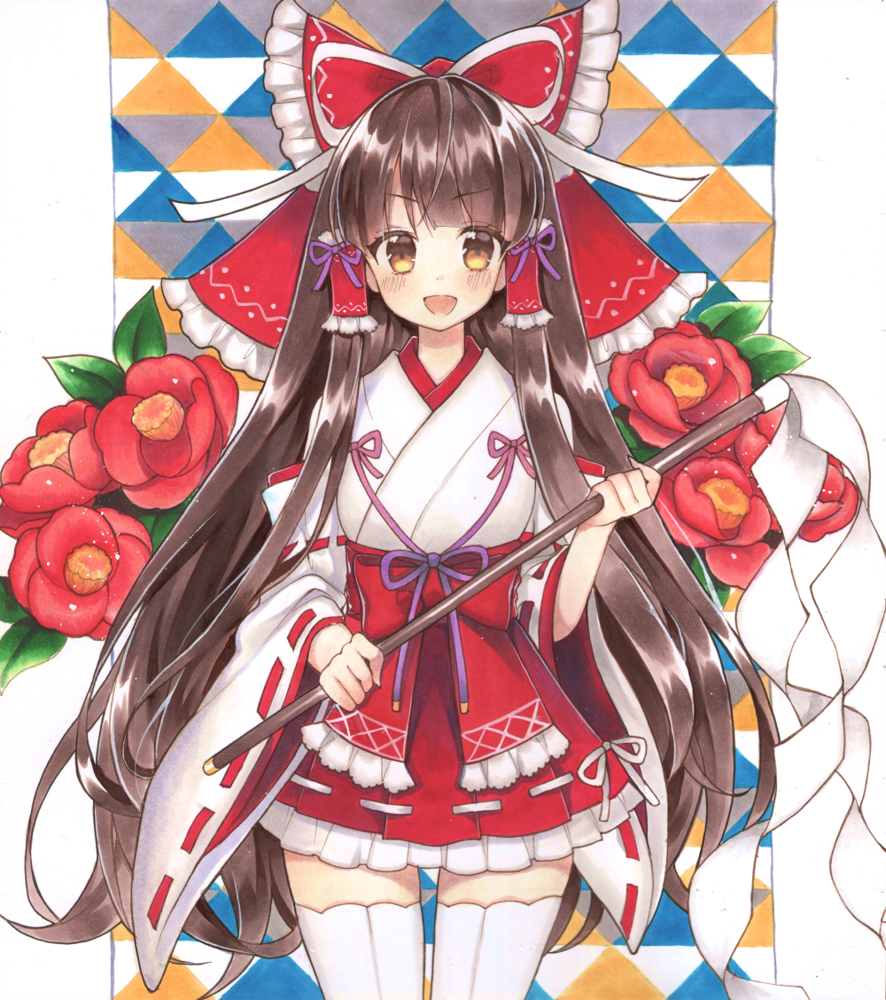 1girl :d alternate_costume blush bow brown_eyes brown_hair commentary_request cowboy_shot floral_background flower frilled_hakama gohei hair_bow hair_tubes hakama hakurei_reimu holding japanese_clothes kimono long_hair long_sleeves looking_at_viewer miko mugicha_(mugicha0929) open_mouth purple_ribbon red_bow red_flower red_hakama ribbon ribbon-trimmed_sleeves ribbon_trim sidelocks smile solo straight_hair thigh-highs touhou very_long_hair white_kimono white_legwear wide_sleeves zettai_ryouiki