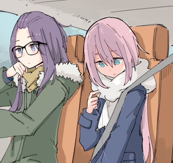 2girls aqua_eyes black-framed_eyewear blue_hair car car_interior closed_mouth coat commentary_request driving empty_eyes eyebrows_visible_through_hair fur_trim glasses ground_vehicle hair_strand hood hooded_jacket jacket kagamihara_nadeshiko kagamihara_sakura long_hair long_sleeves motor_vehicle multiple_girls pink_hair purple_hair right-hand_drive scarf seatbelt shima_rin shiroshi_(denpa_eshidan) violet_eyes yuri yurucamp