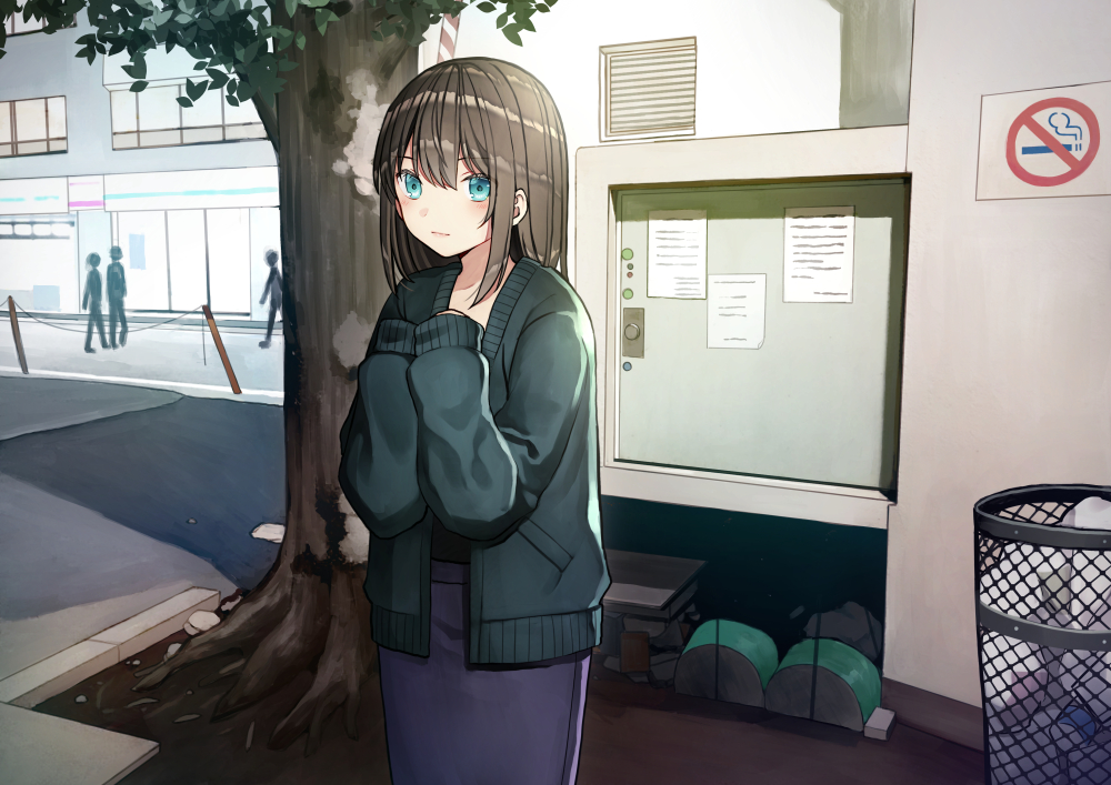 1girl bangs blue_eyes blush brown_hair building cardigan closed_mouth commentary_request day eyebrows_visible_through_hair green_cardigan hair_between_eyes hands_up kurata_rine long_hair long_sleeves looking_at_viewer no_smoking open_cardigan open_clothes original outdoors purple_skirt revision skirt sleeves_past_wrists solo_focus trash_can tree window