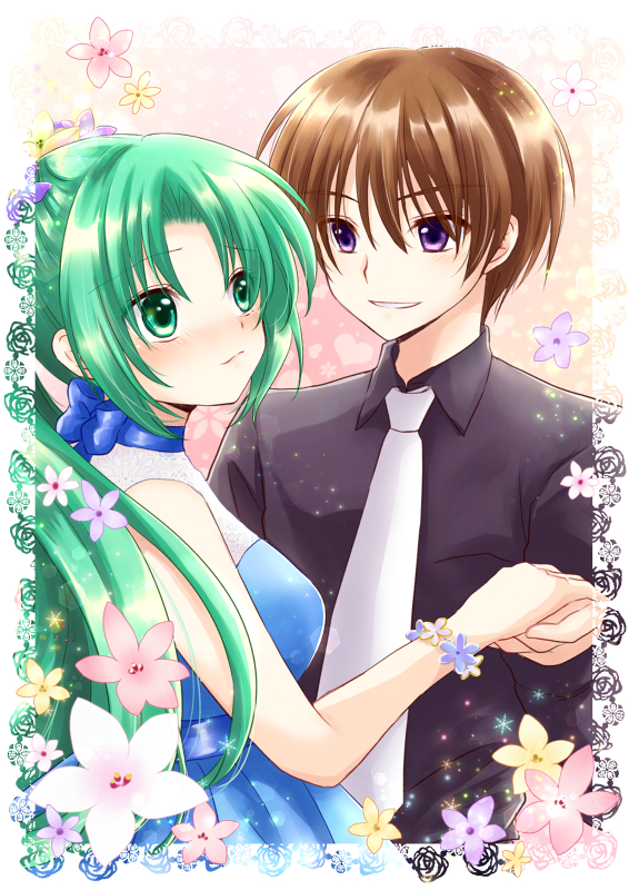 1boy 1girl blush brown_hair collared_shirt dress flower green_eyes green_hair hand_holding hetero higurashi_no_naku_koro_ni maebara_keiichi maekawa_suu necktie ponytail shirt smile sonozaki_mion sparkle violet_eyes