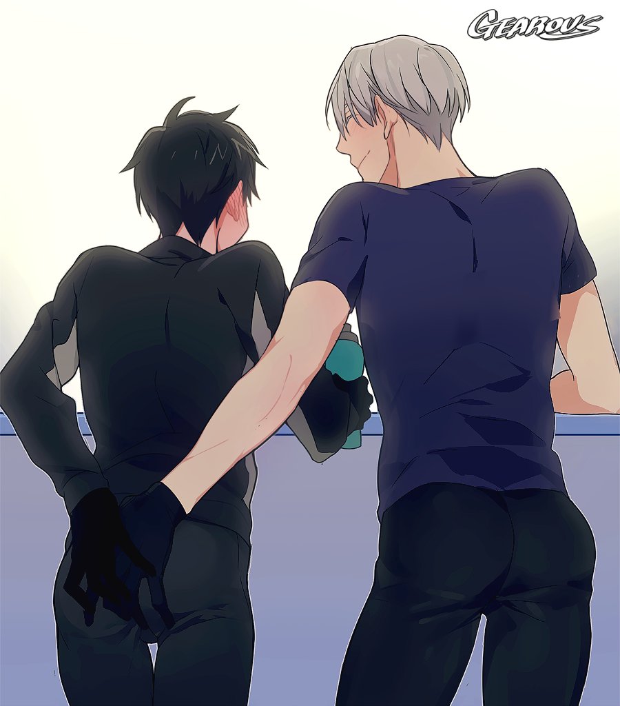 2boys ^_^ artist_name ass ass_grab black_gloves blue_shirt blush bottle closed_eyes closed_eyes embarrassed from_behind gearous gloves grey_hair hand_on_another's_ass hand_on_own_ass happy katsuki_yuuri long_sleeves male_focus multiple_boys profile shirt short_hair smile standing upper_body viktor_nikiforov water water_bottle yaoi yuri!!!_on_ice
