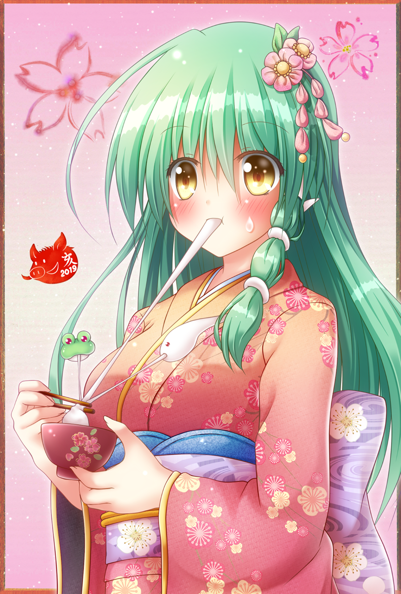 1girl 2019 blush commentary_request eating eyebrows_visible_through_hair flower green_hair hair_flower hair_ornament highres japanese_clothes kimono kochiya_sanae long_hair long_sleeves osashin_(osada) red_kimono snake_hair_ornament solo touhou wide_sleeves yellow_eyes