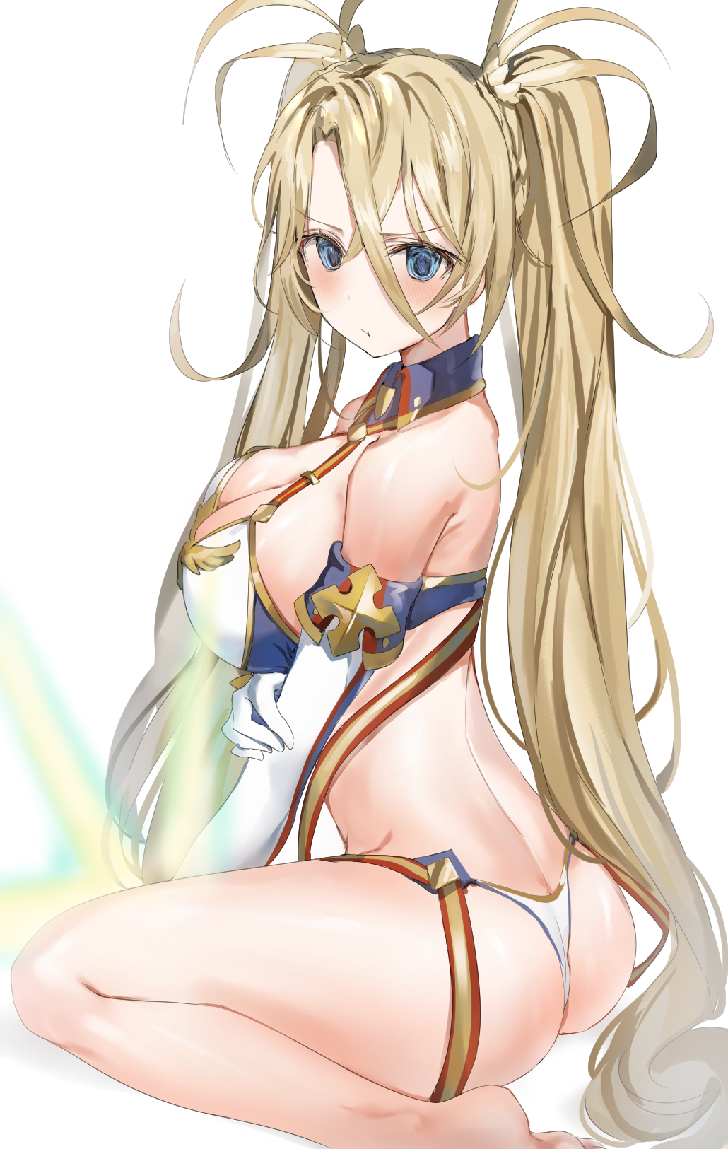 1girl :t ass bangs bare_shoulders barefoot bikini blonde_hair blue_eyes blush bradamante_(fate/grand_order) breast_hold breasts cleavage detached_collar elbow_gloves eyebrows_visible_through_hair fate/grand_order fate_(series) feet_out_of_frame from_side gloves hair_between_eyes highres large_breasts long_hair looking_at_viewer looking_to_the_side messy_hair pout simple_background sitting solo swimsuit twintails v-shaped_eyebrows very_long_hair wariza white_background wing_collar yuuko_(030_yuko)
