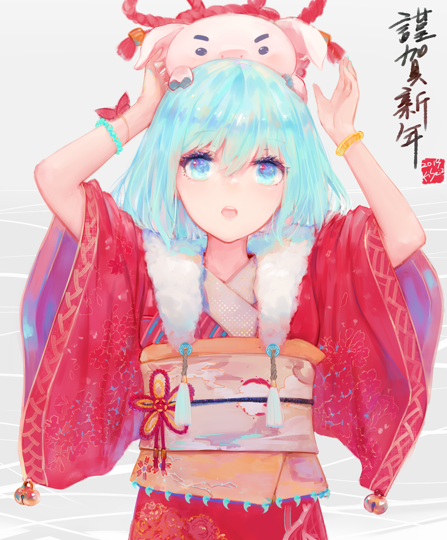 1girl animal animal_on_head arms_up bangle bangs bell blue_eyes blue_hair blue_nails bracelet commentary_request eyebrows_visible_through_hair fingernails hair_between_eyes japanese_clothes jewelry jingle_bell kimono kisei2 long_hair nail_polish obi on_head open_mouth original pig red_kimono sash short_sleeves solo translated upper_body upper_teeth wide_sleeves