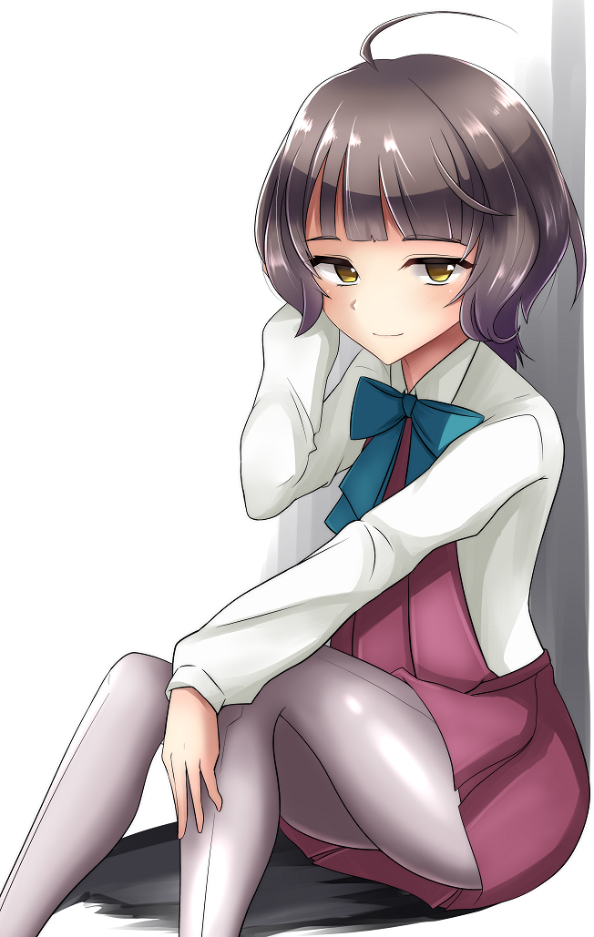 1girl ahoge bangs blunt_bangs bow bowtie brown_hair closed_mouth commentary_request dial16yoi eyebrows_visible_through_hair feet_out_of_frame green_neckwear grey_legwear half-closed_eyes hand_on_own_leg hand_up huge_ahoge kantai_collection kishinami_(kantai_collection) knees_up light_blush long_sleeves looking_at_viewer no_pupils pantyhose puffy_long_sleeves puffy_sleeves seamed_legwear shadow shiny shiny_hair shiny_legwear short_hair side-seamed_legwear sitting smile solo wavy_hair wing_collar yellow_eyes