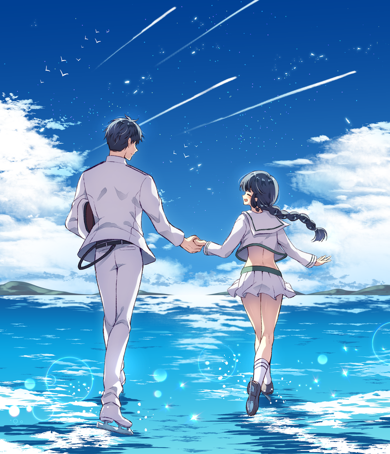 1boy 1girl ^_^ ^o^ admiral_(kantai_collection) animal bird black_hair blue_sky blush braid closed_eyes closed_eyes clouds cloudy_sky ice_skates kantai_collection kitakami_(kantai_collection) komi_zumiko long_hair long_sleeves military military_uniform mountain naval_uniform ocean pants pleated_skirt remodel_(kantai_collection) school_uniform seagull serafuku short_hair single_braid skates skirt sky smile uniform walking walking_on_liquid white_skirt