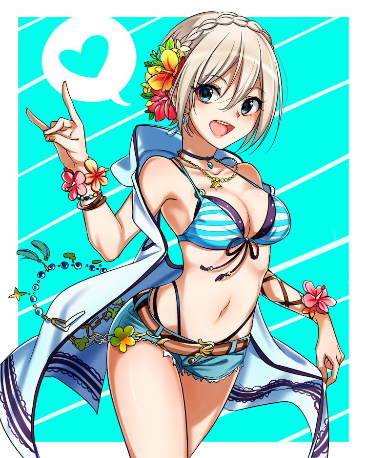 1girl :d belt bikini blue_eyes blue_shorts bracelet braid breasts cleavage collarbone crown_braid eyebrows_visible_through_hair flower hair_between_eyes hair_flower hair_ornament heart hibiscus highleg highleg_bikini idolmaster idolmaster_cinderella_girls jewelry looking_at_viewer medium_breasts multi-strapped_bikini nail_polish navel necklace open_mouth orange_nails red_flower shiny shiny_hair shiomi_shuuko short_hair short_shorts shorts silver_hair smile solo speech_bubble standing striped striped_bikini swimsuit yellow_flower yodare_(3yami8)