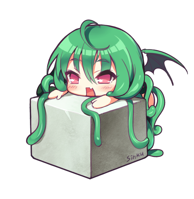 1girl :o ahoge artist_name bangs blush chibi cthulhu cthulhu_mythos eyebrows_visible_through_hair fang green_hair hair_between_eyes leaning_on_object long_hair nude open_mouth red_eyes solo stone tentacle_hair transparent_background very_long_hair wings yadamon_(neverland)