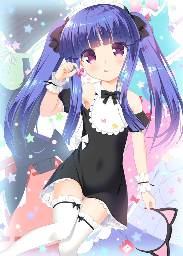 1girl animal_ears bangs bare_shoulders black_bow black_dress black_hairband blue_hair blunt_bangs blush bow brown_eyes cat_ears dress eyebrows_visible_through_hair fake_animal_ears frilled_legwear furude_rika gaou hair_bow hairband head_tilt higurashi_no_naku_koro_ni holding off_shoulder pacifier puffy_short_sleeves puffy_sleeves short_sleeves sidelocks solo thigh-highs twintails white_legwear wrist_cuffs