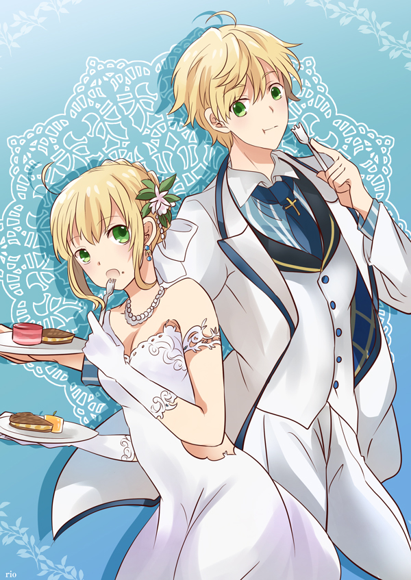 1boy 1girl :o :t ahoge arm_strap arthur_pendragon_(fate) artoria_pendragon_(all) blonde_hair blue_background blue_neckwear braided_bun breasts cleavage dress earrings eyebrows_visible_through_hair fate_(series) food fork formal gloves green_eyes hair_ornament holding holding_fork holding_plate jacket jewelry looking_at_viewer medium_breasts necktie open_clothes open_jacket pants plate rio_(e2759) saber shadow short_hair sleeveless sleeveless_dress strapless strapless_dress tied_hair white_dress white_gloves white_jacket white_pants