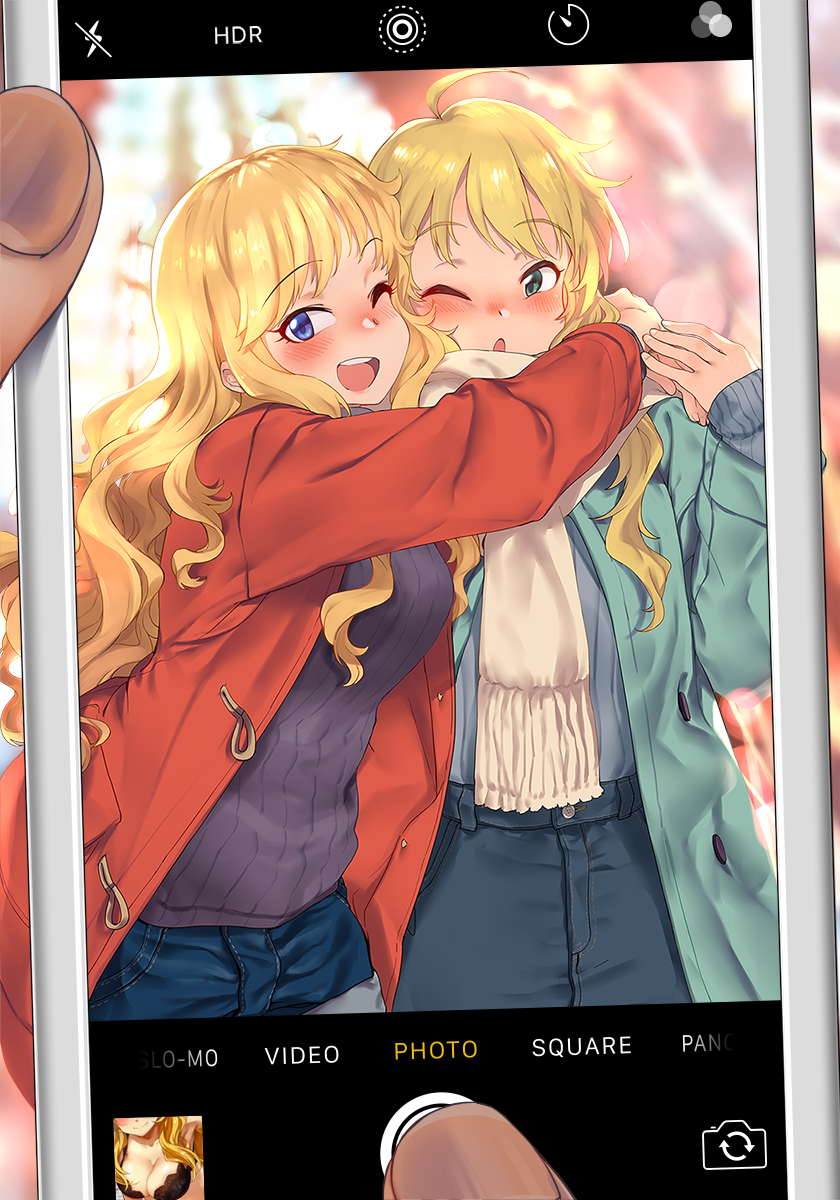 2girls :d :o ahoge black_sweater blonde_hair blue_coat blue_eyes blue_shorts blush breasts cellphone cellphone_camera christmas christmas_tree cleavage coat commentary denim denim_shorts english_commentary green_eyes highres hoshii_miki hug idolmaster idolmaster_cinderella_girls long_hair looking_at_viewer multiple_girls o.m one_eye_closed ootsuki_yui open_clothes open_coat open_mouth phone pov pov_hands red_coat ribbed_sweater scarf shorts smartphone smile sweater taking_picture viewfinder winter_clothes winter_coat