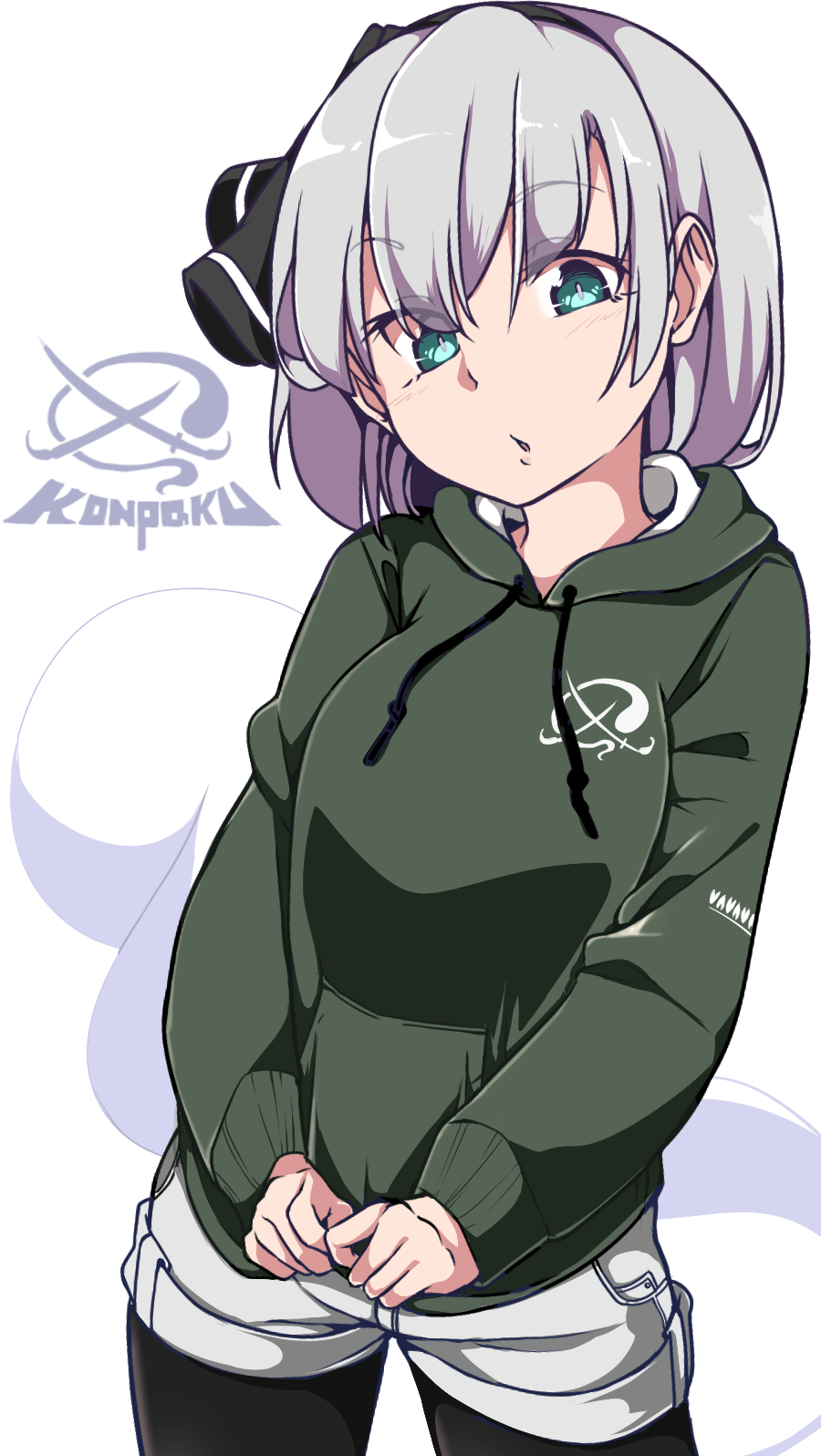 1girl alternate_costume bangs black_hairband black_legwear black_ribbon commentary_request contemporary contrapposto cowboy_shot drawstring gokuu_(acoloredpencil) green_eyes green_hoodie grey_hair grey_shorts hair_ribbon hairband highres hood hood_down hoodie konpaku_youmu konpaku_youmu_(ghost) long_sleeves looking_at_viewer pantyhose ribbon short_hair short_shorts shorts solo touhou white_background white_shorts