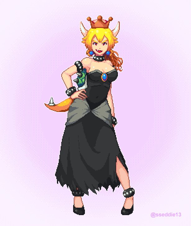 1girl anklet bare_shoulders black_dress black_footwear blonde_hair blue_earrings bowsette bracelet breasts cleavage collar commentary contrapposto covered_navel crown dress english_commentary fang full_body jewelry super_mario_bros. medium_breasts new_super_mario_bros._u_deluxe nintendo pixel_art pumps red_eyes solo spiked_anklet spiked_armlet spiked_bracelet spiked_collar spiked_shell spiked_tail spikes sseddie13 strapless strapless_dress super_crown tail turtle_shell twitter_username