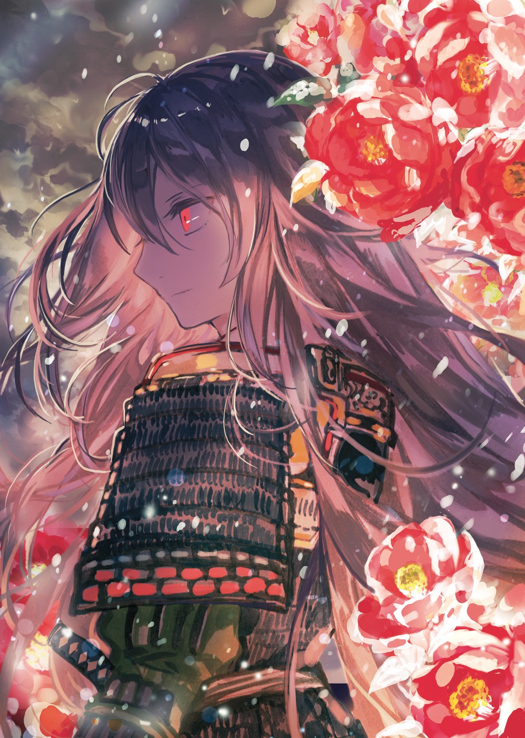 1girl armor brown_hair closed_mouth clouds cloudy_sky fate_(series) floating_hair flower from_side hair_between_eyes highres japanese_armor katana koha-ace kusazuri long_hair oda_nobunaga_(fate) outdoors profile red_eyes red_flower rioka_(southern_blue_sky) sky smile solo sword upper_body weapon