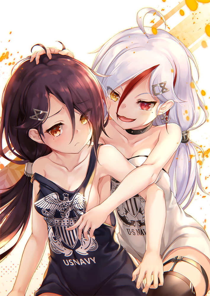 2girls :&lt; ahoge anchor_earrings assisted_exposure azur_lane bare_shoulders black_hair breasts brown_eyes cassin_(azur_lane) cleavage collar collarbone commentary_request cowboy_shot downes_(azur_lane) hair_ornament hairclip hand_on_another's_head heterochromia jewelry kurenai_musume long_hair low_ponytail medium_breasts mole mole_under_eye multicolored_hair multiple_girls no_bra ponytail red_eyes redhead remodel_(azur_lane) revision shirt sideboob strap_slip streaked_hair thigh-highs two-tone_hair white_hair yellow_eyes
