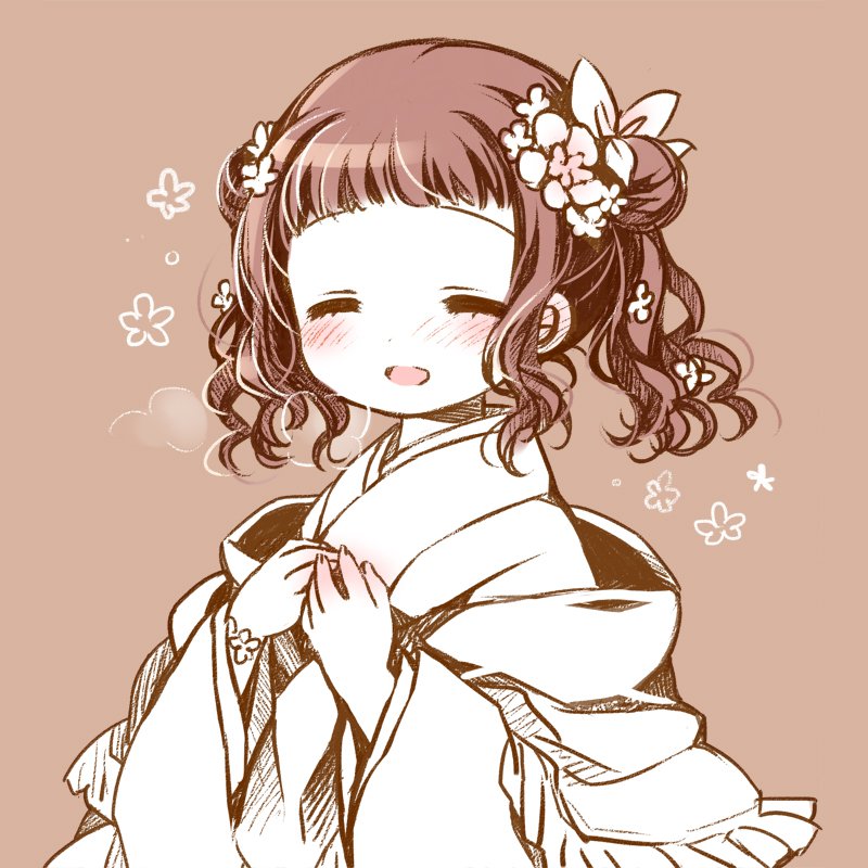 1girl :d ^_^ bangs breath brown_background brown_hair closed_eyes closed_eyes double_bun eyebrows_visible_through_hair facing_viewer fingernails flower hair_flower hair_ornament hands_up higanbana_no_saku_yoru_ni japanese_clothes kimono kusunoki_midori long_sleeves monochrome open_mouth own_hands_together sakurazawa_izumi side_bun simple_background smile solo upper_body