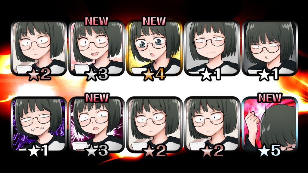 1girl black_eyes black_hair bob_cut cellphone check_commentary clenched_hand commentary_request disappointed fake_screenshot fist_pump glasses original phone raglan_sleeves short_hair smartphone smile yajirushi_(chanoma)