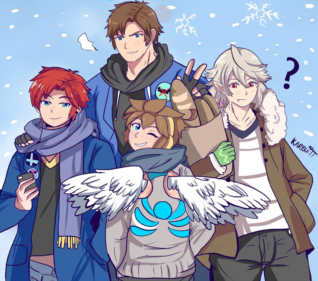 belt blue_eyes brown_hair castlevania castlevania:_rondo_of_blood fire_emblem fire_emblem:_fuuin_no_tsurugi fire_emblem_if gloves headband karbuitt kid_icarus kid_icarus_uprising looking_at_viewer male_focus male_my_unit_(fire_emblem_if) mamkute multiple_boys my_unit_(fire_emblem_if) new_year nintendo open_mouth pit_(kid_icarus) pointy_ears red_eyes redhead richter_belmondo roy_(fire_emblem) scarf short_hair smile snow super_smash_bros. super_smash_bros._ultimate white_hair wings winter_clothes